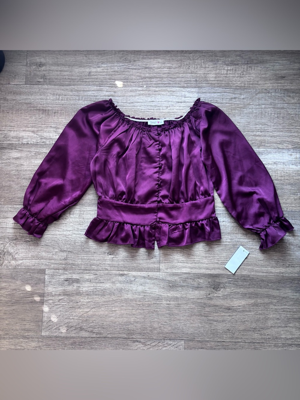 Plum Satin Peasant Blouse with Ruffle Hem Coquette Girl Size XL Beautees